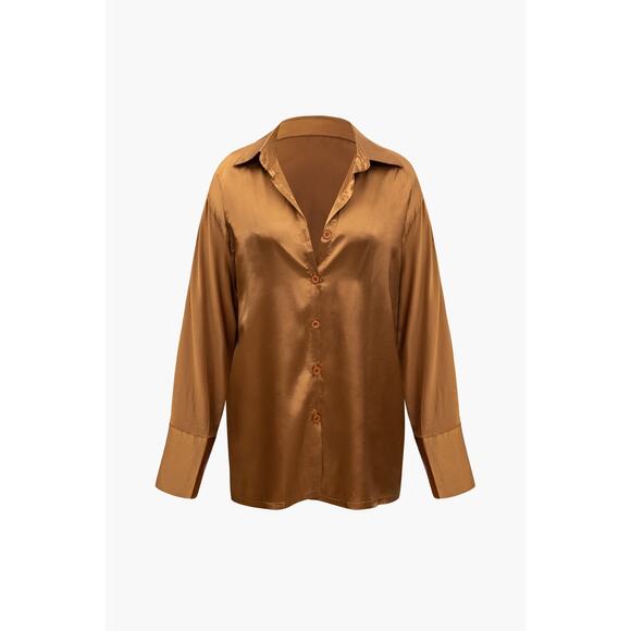 Micas Satin Button Up Long Sleeve Shirt And Pants Set Casual Elegant Coffee L - Picture 5 of 8
